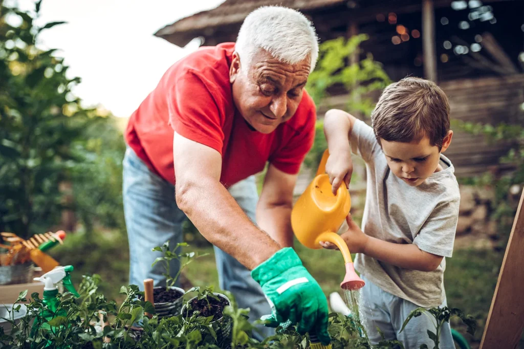 Grandfather and grandson gardening