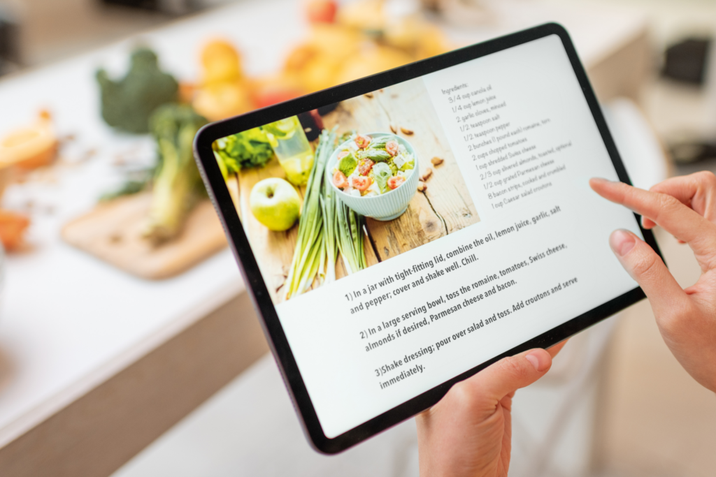 Picture of an ipad, with the ingredients and method of a recipe.