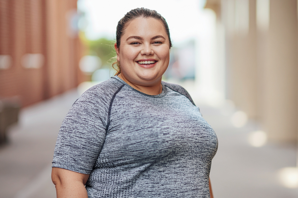Lady standing in street, smiling to camera